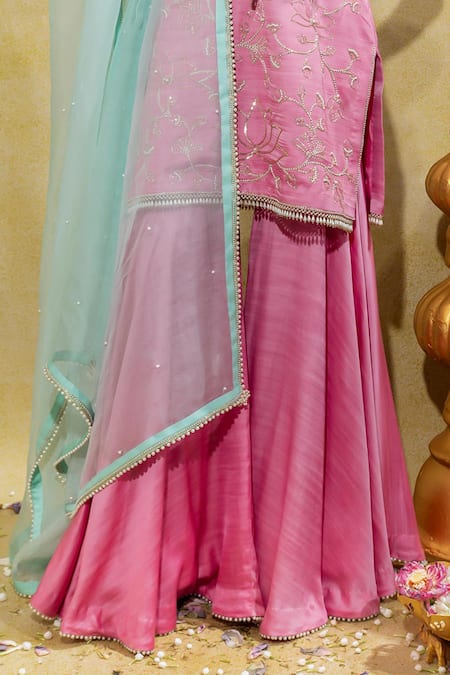 Sheela Suthar_Pink Silk Organza, Linen, Lotus Zardosi Embroidered Short Kurta And Gharara Set _Online_at_Aza_Fashions