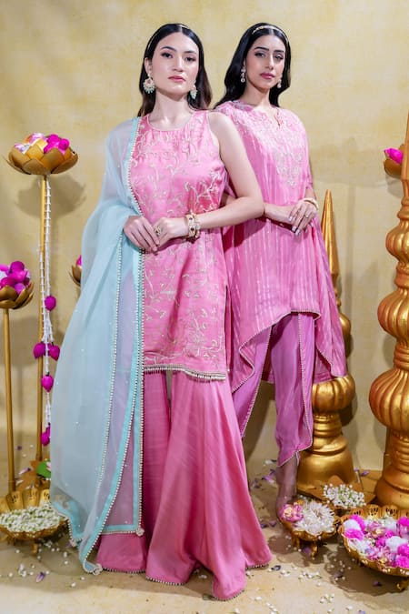 Buy_Sheela Suthar_Pink Silk Organza, Linen, Lotus Zardosi Embroidered Short Kurta And Gharara Set _Online_at_Aza_Fashions