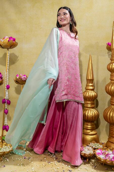 Shop_Sheela Suthar_Pink Silk Organza, Linen, Lotus Zardosi Embroidered Short Kurta And Gharara Set _Online_at_Aza_Fashions
