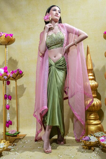 Sheela Suthar_Pink Silk Satin Zari, Pearls Lotus Zardosi Embroidered Cape And Draped Skirt Set _Online_at_Aza_Fashions