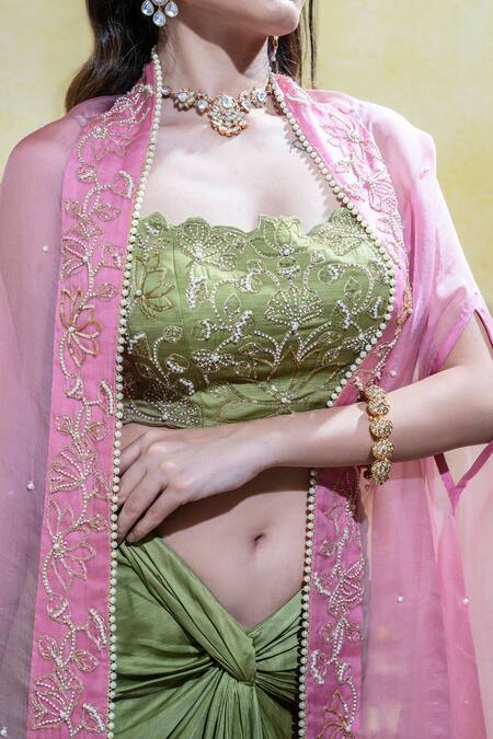 Shop_Sheela Suthar_Pink Silk Satin Zari, Pearls Lotus Zardosi Embroidered Cape And Draped Skirt Set _Online_at_Aza_Fashions