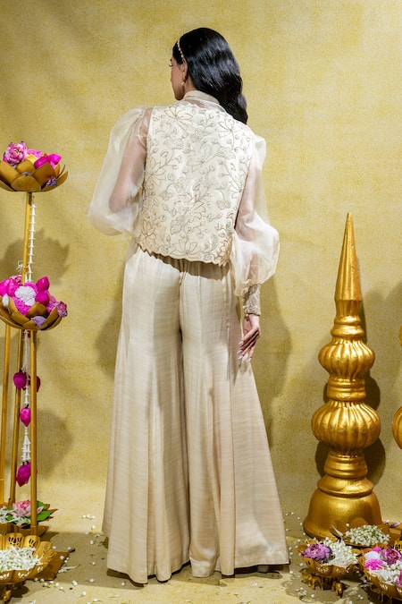 Sheela Suthar Lotus Zardosi Embroidered Cutwork Jacket & Flared Pant Set 