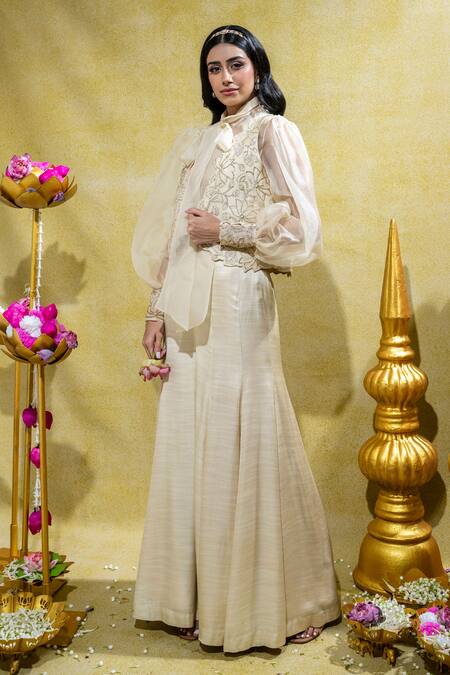 Sheela Suthar_Ivory Organza, Satin Lotus Zardosi Cutwork Jacket And Flared Pant Set _Online_at_Aza_Fashions
