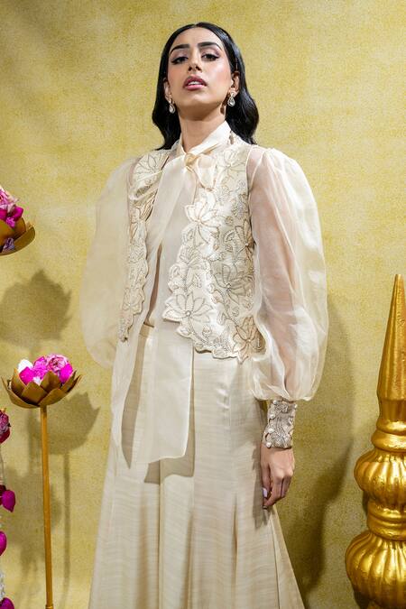 Buy_Sheela Suthar_Ivory Organza, Satin Lotus Zardosi Cutwork Jacket And Flared Pant Set _Online_at_Aza_Fashions