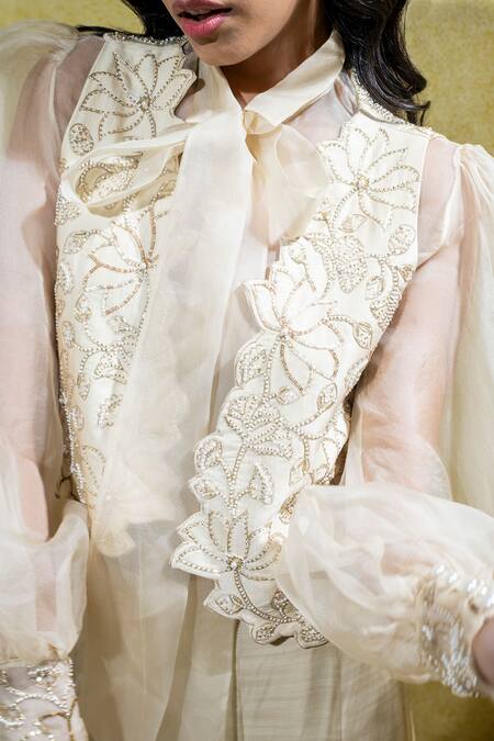 Shop_Sheela Suthar_Ivory Organza, Satin Lotus Zardosi Cutwork Jacket And Flared Pant Set _Online_at_Aza_Fashions