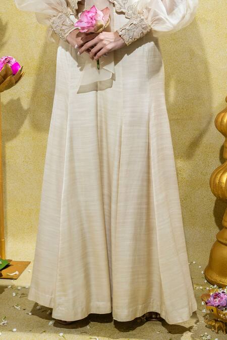 Sheela Suthar_Ivory Organza, Satin Lotus Zardosi Cutwork Jacket And Flared Pant Set _at_Aza_Fashions