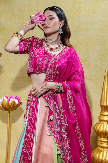 Shop_Sheela Suthar_Multi Color Organza, Padmini Lotus Embroidered Kalidar Lehenga Set _Online_at_Aza_Fashions