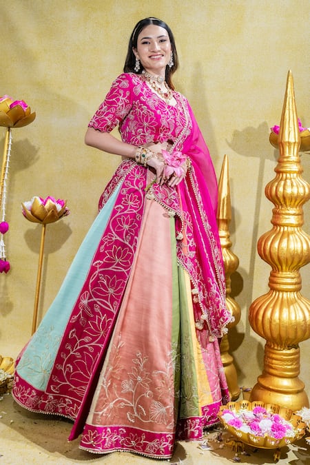 Sheela Suthar_Multi Color Organza, Padmini Lotus Embroidered Kalidar Lehenga Set _at_Aza_Fashions
