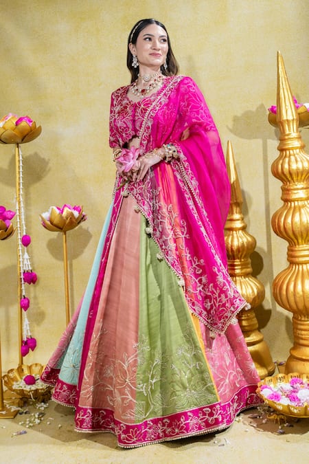 Buy_Sheela Suthar_Multi Color Organza, Padmini Lotus Embroidered Kalidar Lehenga Set 