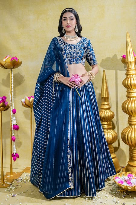 Sheela Suthar Blue Soft Organza Embroidery Tassel Cutwork Lotus Zardosi Kalidar Lehenga Set 