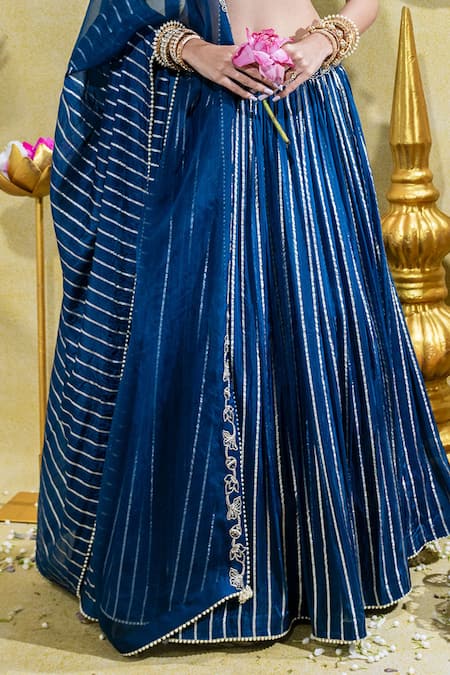 Sheela Suthar_Blue Organza, Organza, Lotus Zardosi Embroidered Kalidar Lehenga Set _Online_at_Aza_Fashions
