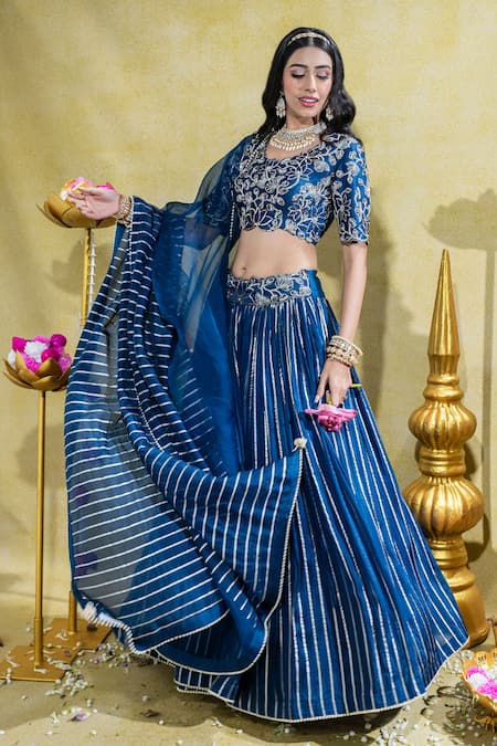 Buy_Sheela Suthar_Blue Organza, Organza, Lotus Zardosi Embroidered Kalidar Lehenga Set _Online_at_Aza_Fashions
