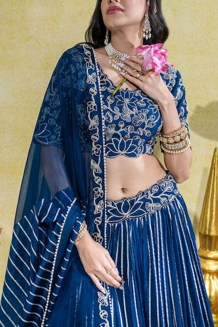 Sheela Suthar_Blue Organza, Organza, Lotus Zardosi Embroidered Kalidar Lehenga Set _at_Aza_Fashions