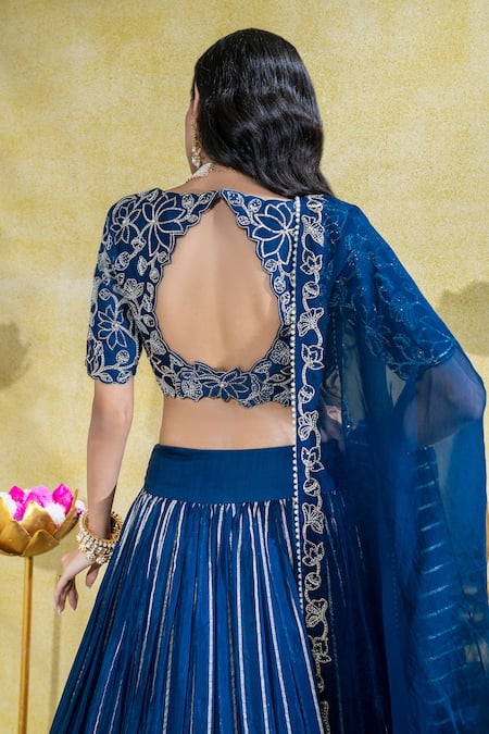Buy_Sheela Suthar_Blue Organza, Organza, Lotus Zardosi Embroidered Kalidar Lehenga Set 