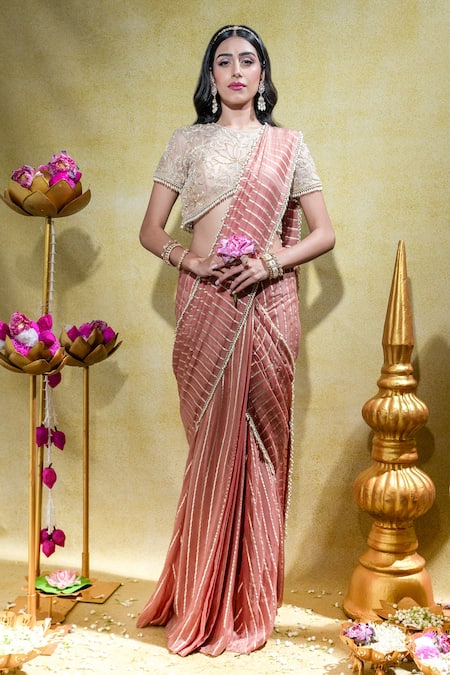 Sheela Suthar Peach Soft Organza Embroidery Tassel Round Stripe Pre-draped Saree With Blouse 