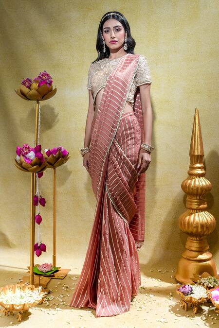 Sheela Suthar_Peach Silk Organza, Linen Stripe Embroidered Pre-draped Saree With Blouse _Online_at_Aza_Fashions