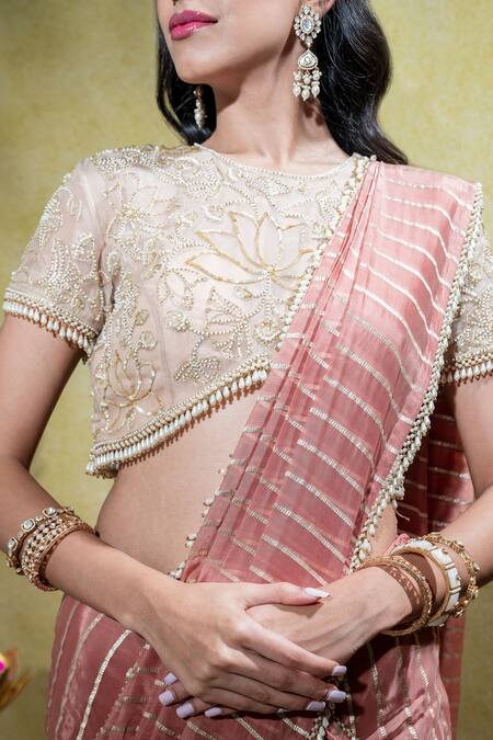 Sheela Suthar_Peach Silk Organza, Linen Stripe Embroidered Pre-draped Saree With Blouse _at_Aza_Fashions