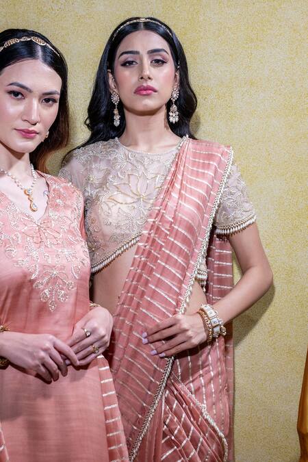 Buy_Sheela Suthar_Peach Silk Organza, Linen Stripe Embroidered Pre-draped Saree With Blouse 