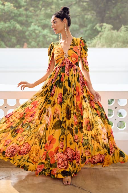 Limerick by Abirr N' Nanki Yellow Georgette Embroidered Botanical Plunge V Glenda Print Gown 