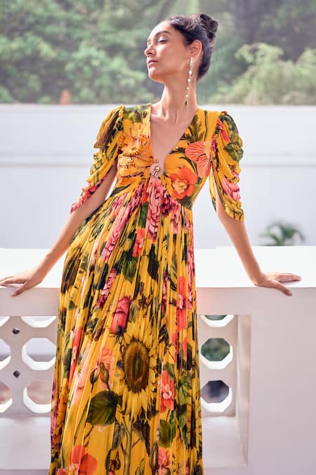 Limerick By Abirr N' Nanki Yellow Georgette Embroidery Plunge Neck Glenda Botanical Print Gown Online at Aza Fashions Limerick By Abirr N' Nanki_Yellow Georgette Embroidery Plunge Neck Glenda Botanical Print Gown _Online_at_Aza_Fashions