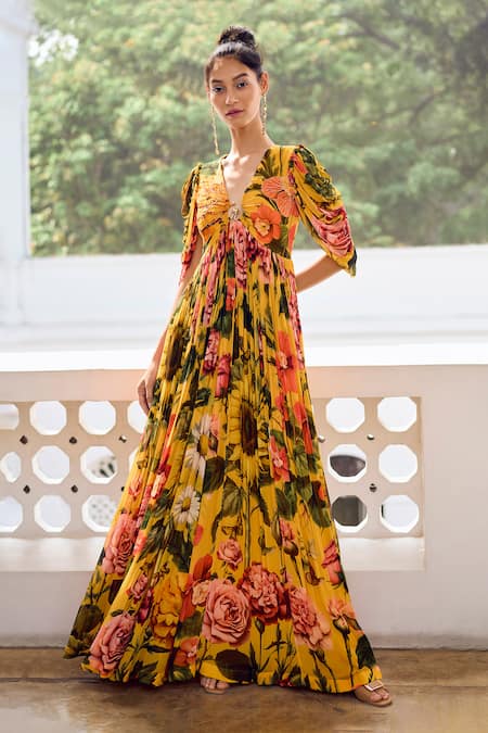 Buy Limerick By Abirr N' Nanki Yellow Georgette Embroidery Plunge Neck Glenda Botanical Print Gown Online at Aza Fashions Buy_Limerick By Abirr N' Nanki_Yellow Georgette Embroidery Plunge Neck Glenda Botanical Print Gown _Online_at_Aza_Fashions