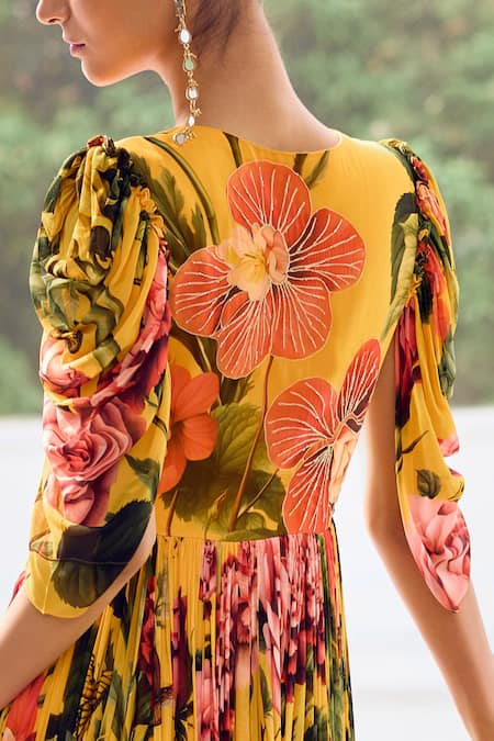 Shop Limerick By Abirr N' Nanki Yellow Georgette Embroidery Plunge Neck Glenda Botanical Print Gown Online at Aza Fashions Shop_Limerick By Abirr N' Nanki_Yellow Georgette Embroidery Plunge Neck Glenda Botanical Print Gown _Online_at_Aza_Fashions