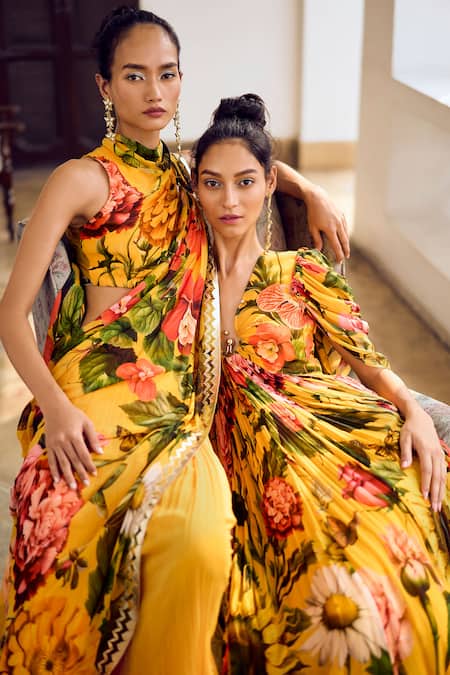 Limerick By Abirr N' Nanki Yellow Georgette Embroidery Plunge Neck Glenda Botanical Print Gown at Aza Fashions Limerick By Abirr N' Nanki_Yellow Georgette Embroidery Plunge Neck Glenda Botanical Print Gown _at_Aza_Fashions