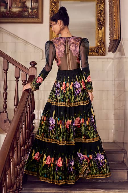 Shop Limerick By Abirr N' Nanki Black Crepe Embroidered Botanical Plunge V Print Gown at Aza Fashions Shop_Limerick By Abirr N' Nanki_Black Crepe Embroidered Botanical Plunge V Print Gown _at_Aza_Fashions