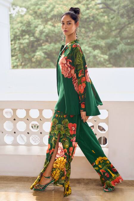 Limerick By Abirr N' Nanki Green Crepe Printed Floral Flared Pant Online at Aza Fashions Limerick By Abirr N' Nanki_Green Crepe Printed Floral Flared Pant _Online_at_Aza_Fashions