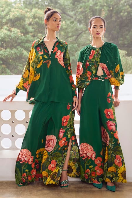 Shop Limerick By Abirr N' Nanki Green Crepe Printed Floral Flared Pant Online at Aza Fashions Shop_Limerick By Abirr N' Nanki_Green Crepe Printed Floral Flared Pant _Online_at_Aza_Fashions