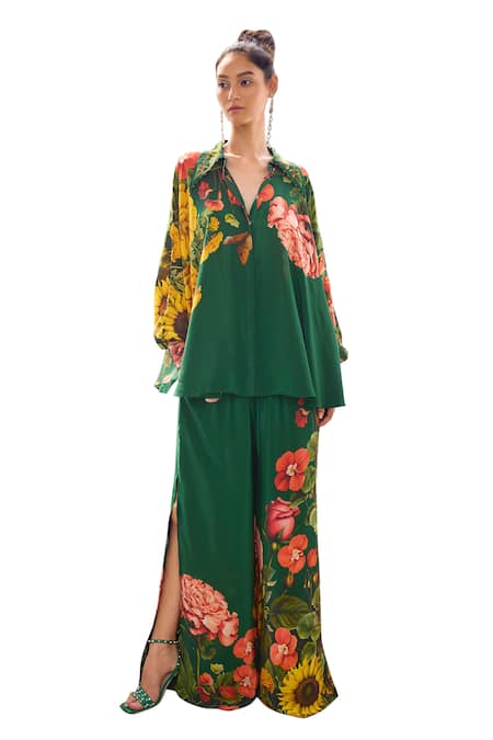 Buy Limerick By Abirr N' Nanki Green Crepe Printed Floral Flared Pant Buy_Limerick By Abirr N' Nanki_Green Crepe Printed Floral Flared Pant