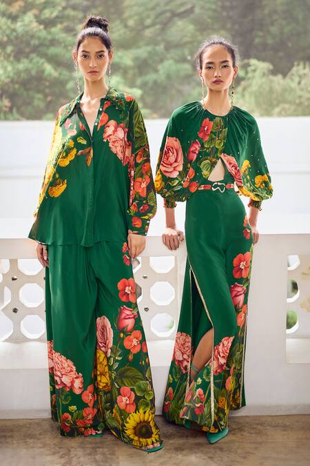 Shop Limerick By Abirr N' Nanki Green Crepe Printed Floral Collared Shirt Online at Aza Fashions Shop_Limerick By Abirr N' Nanki_Green Crepe Printed Floral Collared Shirt _Online_at_Aza_Fashions