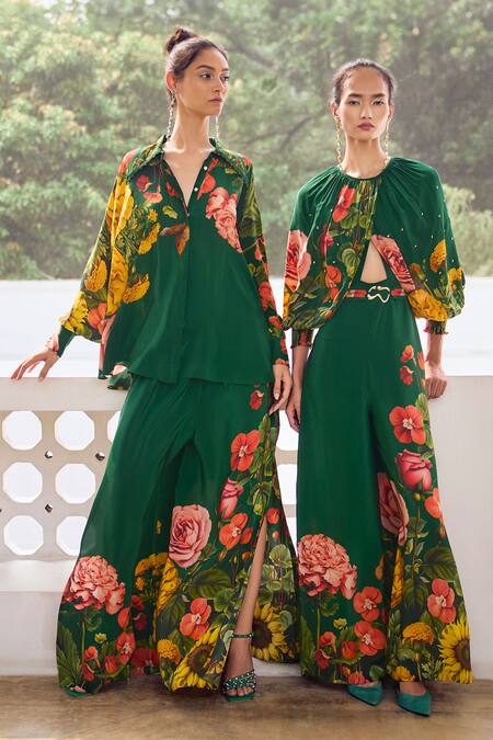 Limerick By Abirr N' Nanki Green Crepe Printed Floral Collared Shirt at Aza Fashions Limerick By Abirr N' Nanki_Green Crepe Printed Floral Collared Shirt _at_Aza_Fashions