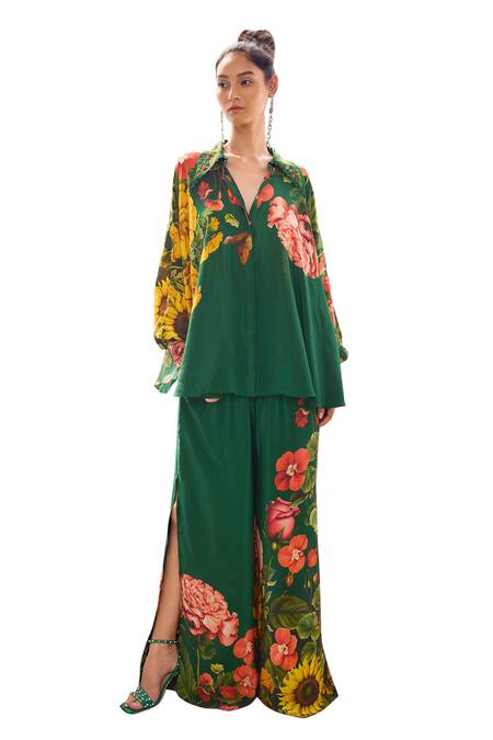 Shop Limerick By Abirr N' Nanki Green Crepe Printed Floral Collared Shirt Shop_Limerick By Abirr N' Nanki_Green Crepe Printed Floral Collared Shirt