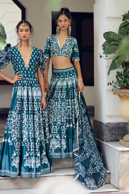 Buy Limerick By Abirr N' Nanki Blue Georgette, Silk Embroidery, Beads, Applique V-neck Floral Print Lehenga Set Online at Aza Fashions Buy_Limerick By Abirr N' Nanki_Blue Georgette, Silk Embroidery, Beads, Applique V-neck Floral Print Lehenga Set _Online_at_Aza_Fashions