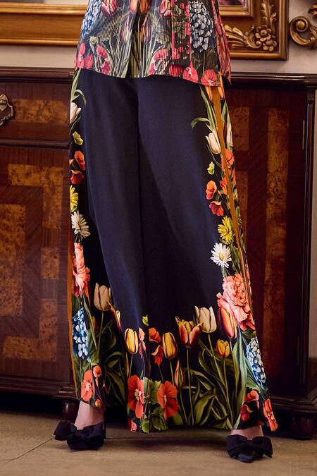 Limerick By Abirr N' Nanki_Black Crepe Printed Botanical Lyla Flared Pant _Online_at_Aza_Fashions