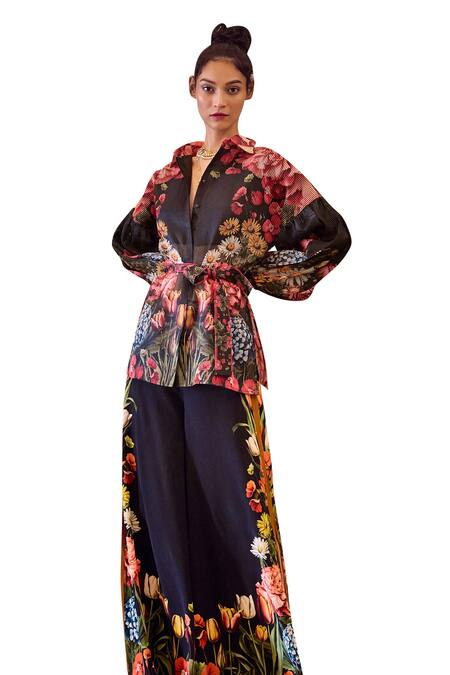 Buy_Limerick By Abirr N' Nanki_Black Crepe Printed Botanical Lyla Flared Pant _Online_at_Aza_Fashions