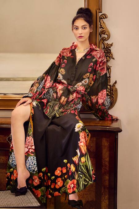 Shop_Limerick By Abirr N' Nanki_Black Crepe Printed Botanical Lyla Flared Pant _Online_at_Aza_Fashions