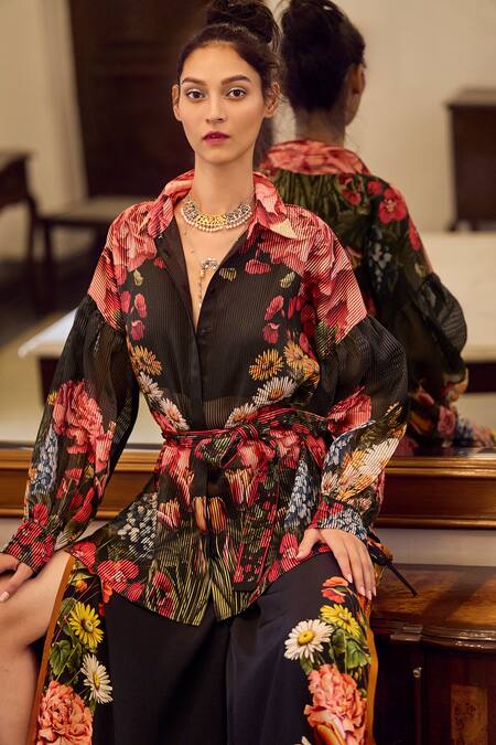 Limerick By Abirr N' Nanki_Black Crepe Printed Botanical Lyla Flared Pant _at_Aza_Fashions