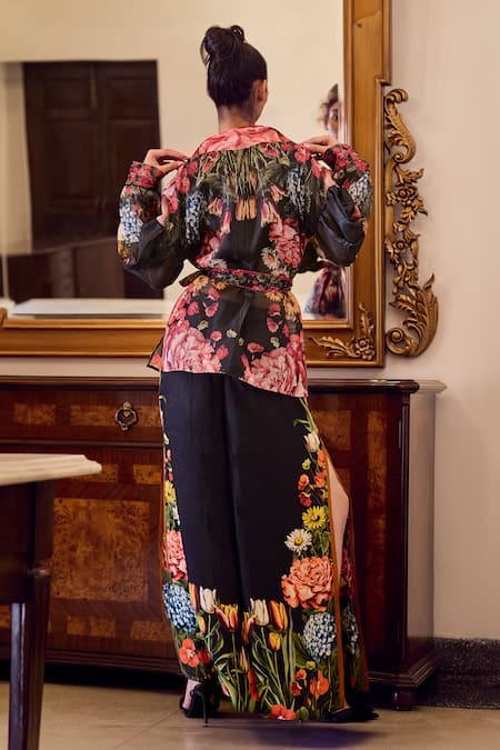 Shop Limerick By Abirr N' Nanki Black Striped Organza Printed Botanical Collared Lyla Shirt at Aza Fashions Shop_Limerick By Abirr N' Nanki_Black Striped Organza Printed Botanical Collared Lyla Shirt _at_Aza_Fashions