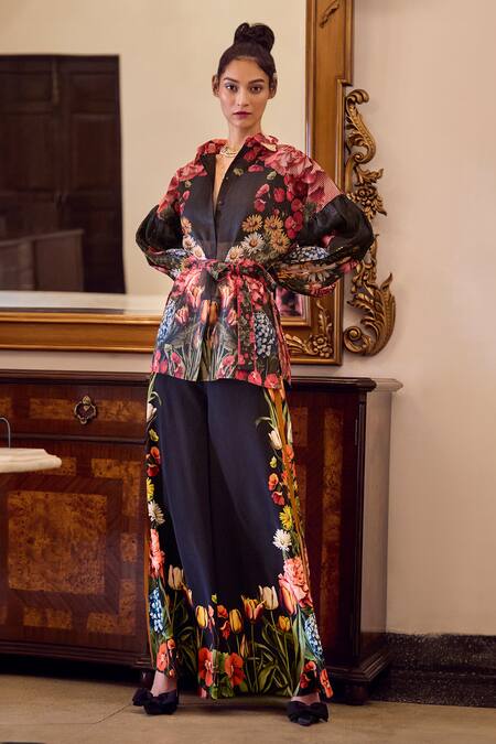 Limerick By Abirr N' Nanki Black Striped Organza Printed Botanical Collared Lyla Shirt Online at Aza Fashions Limerick By Abirr N' Nanki_Black Striped Organza Printed Botanical Collared Lyla Shirt _Online_at_Aza_Fashions