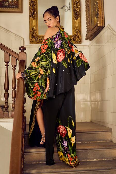 Shop Limerick By Abirr N' Nanki Black Crepe Printed Botanical High Top And Pant Co-ord Set at Aza Fashions Shop_Limerick By Abirr N' Nanki_Black Crepe Printed Botanical High Top And Pant Co-ord Set _at_Aza_Fashions