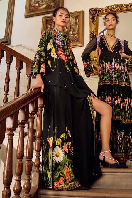 Shop Limerick By Abirr N' Nanki Black Crepe Printed Botanical High Top And Pant Co-ord Set Online at Aza Fashions Shop_Limerick By Abirr N' Nanki_Black Crepe Printed Botanical High Top And Pant Co-ord Set _Online_at_Aza_Fashions