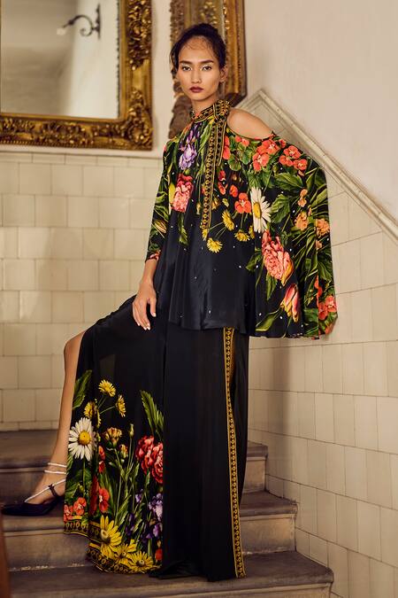 Limerick By Abirr N' Nanki Black Crepe Printed Botanical High Top And Pant Co-ord Set at Aza Fashions Limerick By Abirr N' Nanki_Black Crepe Printed Botanical High Top And Pant Co-ord Set _at_Aza_Fashions