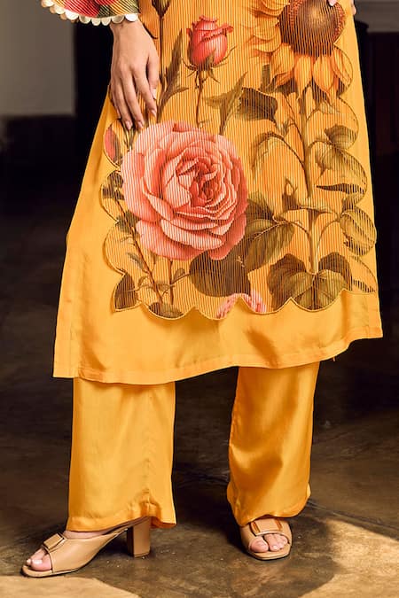 Limerick By Abirr N' Nanki Yellow Striped Organza Printed Floral V Neck Kurta With Pant Online at Aza Fashions Limerick By Abirr N' Nanki_Yellow Striped Organza Printed Floral V Neck Kurta With Pant _Online_at_Aza_Fashions