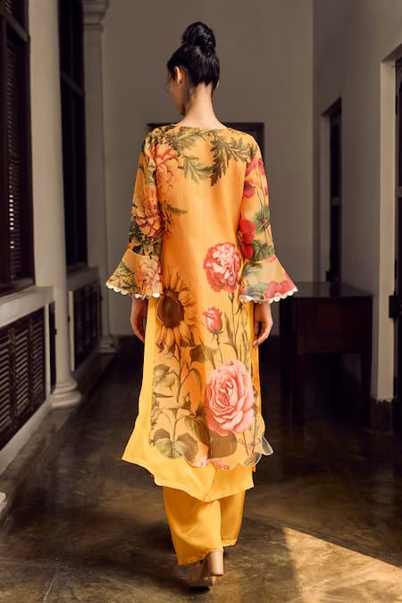 Shop Limerick By Abirr N' Nanki Yellow Striped Organza Printed Floral V Neck Kurta With Pant at Aza Fashions Shop_Limerick By Abirr N' Nanki_Yellow Striped Organza Printed Floral V Neck Kurta With Pant _at_Aza_Fashions