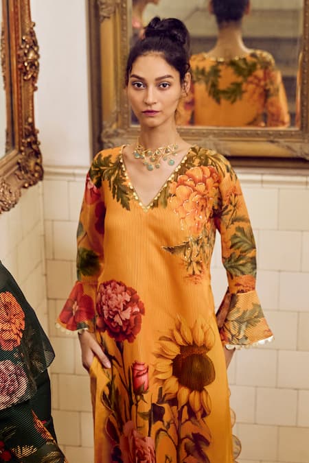 Buy Limerick By Abirr N' Nanki Yellow Striped Organza Printed Floral V Neck Kurta With Pant Online at Aza Fashions Buy_Limerick By Abirr N' Nanki_Yellow Striped Organza Printed Floral V Neck Kurta With Pant _Online_at_Aza_Fashions