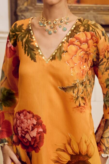 Shop Limerick By Abirr N' Nanki Yellow Striped Organza Printed Floral V Neck Kurta With Pant Online at Aza Fashions Shop_Limerick By Abirr N' Nanki_Yellow Striped Organza Printed Floral V Neck Kurta With Pant _Online_at_Aza_Fashions