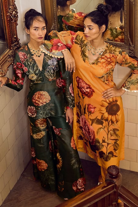 Limerick By Abirr N' Nanki Yellow Striped Organza Printed Floral V Neck Kurta With Pant at Aza Fashions Limerick By Abirr N' Nanki_Yellow Striped Organza Printed Floral V Neck Kurta With Pant _at_Aza_Fashions