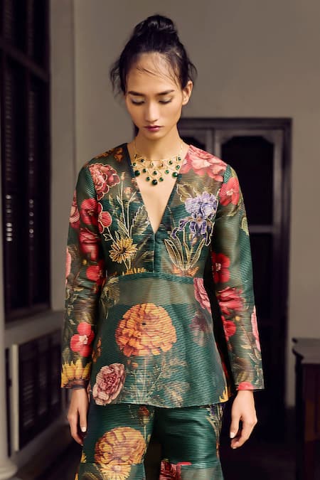 Buy_Limerick By Abirr N' Nanki_Green Organza Embroidery, Beads V-neck Mindy Botanical Print Kurta With Sharara _Online_at_Aza_Fashions